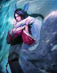  ahri animal_ears black_hair braid breasts cleavage cowboy_shot detached_sleeves facial_mark fox_ears fox_tail korean_clothes large_breasts league_of_legends lips long_hair ming-yin_wong multiple_tails nose serious solo tail watermark web_address whisker_markings yellow_eyes 