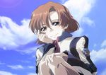  blush brown_eyes cloud day hand_on_own_cheek head_rest isumi_sayaka jacket long_sleeves looking_at_viewer orange_hair shiny shiny_hair short_hair sky smile solo soukyuu_no_fafner squatting toomi_maya uniform 