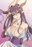  black_hair breasts cleavage danua draph eno_yukimi granblue_fantasy hair_between_eyes horn_ornament horns jewelry large_breasts long_hair necklace petting pointy_ears purple_hair red_eyes solo_focus 