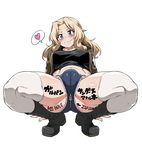  absurdly_fat_mons ass_visible_through_thighs ass_zipper blonde_hair blue_eyes blue_shorts blush body_writing cameltoe crop_top cutoffs denim denim_shorts directional_arrow english eyebrows eyebrows_visible_through_hair fat_mons full_body girls_und_panzer heart image_sample jun_(rojiura_jack) kay_(girls_und_panzer) long_hair looking_at_viewer micro_shorts midriff military military_uniform navel pixiv_sample saunders_military_uniform shorts smile solo speech_bubble spoken_heart spread_legs squatting thick_thighs thighhighs thighs translation_request uniform white_legwear zipper zipper_pull_tab 