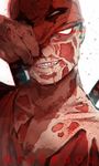  blood blurry deadpool depth_of_field disfigured katana lzmy male_focus marvel mask no_pupils scar solo sword unmasking weapon 