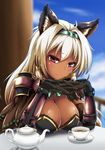  ahoge animal_ears arm_guards armor blonde_hair blue_sky blurry blush breasts brown_gloves capelet cat_ears chair cleavage closed_mouth cup dark_skin day depth_of_field detached_collar drink elbow_gloves erune gloves gradient_hair granblue_fantasy hair_tubes hairband heles large_breasts liquid long_hair looking_at_viewer multicolored_hair red_eyes red_hair saboten_teishoku saucer shoulder_pads sky smile solo table tea teacup teapot tsurime 