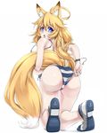  adjusting_clothes adjusting_swimsuit ahoge anchor_symbol animal_ears ass bikini blonde_hair blue_eyes breasts fox_ears fox_tail from_behind full_body highres huge_breasts kneeling kntrs_(knyrs) long_hair looking_at_viewer looking_back open_mouth original shoes side-tie_bikini simple_background solo striped striped_bikini swimsuit tail underwear untied untied_bikini wardrobe_malfunction white_background 