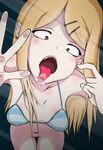  1girl blonde_hair breasts brown_eyes cleavage constricted_pupils dagashi_kashi ear_piercing earrings endou_saya_(dagashi_kashi) glass hair_ornament hairclip jewelry leaning_forward long_hair no_panties open_mouth piercing rae2d saliva screen simple_background tongue 
