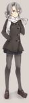 absurdres asymmetrical_hair bangs brown_coat brown_footwear buttons coat flipped_hair full_body gloves grey_eyes hair_between_eyes hand_in_pocket highres kantai_collection kinona loafers long_hair long_sleeves nowaki_(kantai_collection) pantyhose pleated_skirt scarf school_uniform shoes silver_eyes silver_hair simple_background skirt solo standing swept_bangs thighband_pantyhose white_gloves white_scarf 