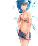  ajisa bad_id bad_pixiv_id blue_eyes blue_hair bow bra breasts cirno hair_bow highres ice ice_wings nipples open_mouth short_hair small_breasts solo strap_slip touhou underwear undressing wings 