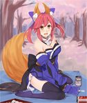  alcohol animal_ears beer beer_can blue_legwear blush breasts can canet cleavage detached_sleeves fang fate/extra fate_(series) fox_ears fox_tail hair_ribbon highres japanese_clothes large_breasts looking_at_viewer open_mouth pink_hair ribbon sitting solo sugita_(merinib) tail tamamo_(fate)_(all) tamamo_no_mae_(fate) yellow_eyes 