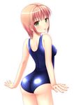  :p arched_back ass bangs bare_arms bare_shoulders blush breasts brown_hair eyebrows_visible_through_hair from_behind green_eyes ki_(kk-sk-ray) looking_at_viewer looking_back medium_breasts old_school_swimsuit one-piece_swimsuit original school_swimsuit shiny shiny_clothes shiny_skin short_hair simple_background solo swimsuit tongue tongue_out white_background 