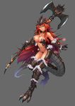  axe bare_shoulders blue_eyes breasts chest_jewel claws cleavage detached_collar dragon_girl dragon_tail highres ilothe large_breasts long_hair maritan_(pixelmaritan) monster_girl_encyclopedia red_hair revealing_clothes scales simple_background solo tail weapon 