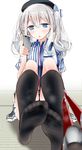  black_legwear blue_eyes blush breasts cellphone employee_uniform feet hat highres kantai_collection kashima_(kantai_collection) large_breasts lawson long_hair oouso open_mouth phone pov_feet shirt shoes_removed silver_hair sitting skirt smartphone socks soles solo steam striped toes twintails uniform 