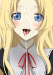  1girl blonde_hair blue_eyes blush character_request cum cum_in_mouth cum_on_hair facial highres long_hair looking_at_viewer open_mouth smile solo source_request teitetsu_kishidan tongue tongue_out upper_body 