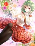  ascot bangs black_legwear breasts cleavage flower green_hair hand_on_own_cheek kazami_yuuka large_breasts nagare open_mouth pantyhose plaid plaid_skirt plaid_vest red_eyes red_flower red_rose rose shirt short_hair skirt solo touhou vest white_shirt 