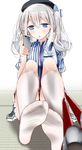  blue_eyes blush breasts cellphone employee_uniform feet hat highres kantai_collection kashima_(kantai_collection) large_breasts lawson long_hair oouso open_mouth phone pov_feet shirt shoes_removed silver_hair sitting skirt smartphone socks soles solo striped toes twintails uniform white_legwear 