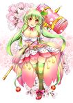  :d ahoge arms_behind_back bangs blush bow breasts cherry_blossoms cherry_hair_ornament cherry_print choker cleavage colored_stripes cross-laced_footwear floral_background flower flower_knight_girl food_print food_themed_clothes food_themed_hair_ornament frills full_body gradient gradient_background green_hair green_legwear hair_bobbles hair_flower hair_ornament happy hoshino_nazuna large_breasts leaf leaning_forward long_hair looking_at_viewer low_twintails mallet multicolored multicolored_clothes multicolored_legwear object_namesake open_mouth orange_eyes oversized_object pink_bow pink_footwear plaid ribbon ribbon_choker sakuranbo_(flower_knight_girl) shoes short_sleeves sidelocks skirt smile solo standing striped striped_legwear stuffed_animal stuffed_toy taut_clothes teddy_bear thigh_gap thighhighs twintails weapon yellow_legwear zettai_ryouiki 