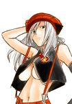  alisa_ilinichina_amiella arm_up blue_eyes breasts cabbie_hat edoyano elbow_gloves fingerless_gloves gloves god_eater god_eater_burst hand_on_headwear hat large_breasts long_hair looking_at_viewer navel silver_hair simple_background solo underboob white_background 