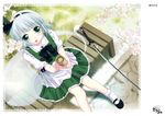  aqua_eyes bad_id bad_pixiv_id black_hairband bob_cut bobby_socks border cherry_blossoms cup from_above ghost hairband katana konpaku_youmu konpaku_youmu_(ghost) mary_janes open_mouth shoes short_hair silver_hair smile socks solo sword touhou tsukimiya_kamiko weapon yunomi 