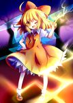  alternate_color alternate_element bad_hands bad_id bad_pixiv_id blonde_hair blush bow cirno dress electricity error hair_bow hand_on_hip ikazu_cirno mary_janes minato0618 neckerchief one_eye_closed petticoat shoes short_hair socks solo standing touhou yellow_dress yellow_eyes 