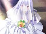  bare_shoulders blue_hair blush bouquet breasts bridal_veil bride cleavage dress elbow_gloves flower formal game_cg gloves jewelry konayuki_fururi medium_breasts nakahara_asami necklace peko red_eyes ribbon rose short_hair smile solo veil wedding wedding_dress white_flower white_rose 