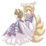  animal_ears bad_id bad_pixiv_id blonde_hair brown_hair cat_ears cat_tail chen fox_tail hands_in_opposite_sleeves hat multiple_girls multiple_tails short_hair tail touhou urin yakumo_ran yellow_eyes 