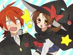  1girl ahoge alternate_costume blush brown_hair cape costume fang hat hat_ribbon kotone_(pokemon) mokomichi pokemon pokemon_(game) pokemon_hgss popped_collar red_hair red_ribbon ribbon silver_(pokemon) skirt surprised thighhighs twintails witch_hat zettai_ryouiki 
