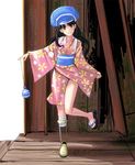  amputee bad_id bad_pixiv_id bandages black_hair blush cabbie_hat full_body girl_with_golden_shoe grin hat japanese_clothes kimono kin_no_kutsu_gin_no_kutsu long_hair masao original prosthesis ruins sandals short_kimono smile solo standing standing_on_one_leg yellow_eyes 