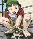  barefoot drawfag feet foreshortening frog green_eyes green_hair hands koiwai_yotsuba non-web_source sketch solo yotsubato! 