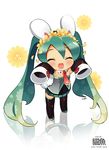  animal_ears blush bunny_ears buttons chibi closed_eyes detached_sleeves flower green_hair hair_flower hair_ornament hatsune_miku long_hair mao_yu necktie patterned reflection skirt sleeves_past_wrists smile solo thighhighs twintails very_long_hair vocaloid 