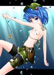  belt bike_shorts bikini_top blue_eyes blue_hair bubble hair_bobbles hair_ornament hat holster hullzion kawashiro_nitori key screwdriver short_hair shorts solo thigh_holster thigh_strap touhou twintails two_side_up underwater utility_belt wrench 