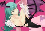  animal_print armpits bad_id bad_pixiv_id bare_shoulders bat_print bat_wings breasts cleavage demon_girl elbow_gloves gloves green_eyes green_hair head_wings highres large_breasts leotard long_hair morrigan_aensland pantyhose print_legwear purple_wings ryou_(boys_and_girls) solo succubus vampire_(game) wings 