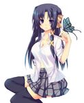  black_hair blue_eyes breasts bug butterfly butterfly_on_hand cleavage highres insect kurugaya_yuiko little_busters! long_hair medium_breasts plaid plaid_skirt school_uniform see-through simple_background sitting skirt smile solo thighhighs wakabaneko zettai_ryouiki 