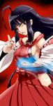  ahoge bad_id bad_pixiv_id bare_hips bare_shoulders black_hair breasts detached_sleeves fighting_stance heterochromia hyudora japanese_clothes long_hair m.u.g.e.n medium_breasts nontraditional_miko original red_eyes sendai_hakurei_no_miko sideboob solo touhou yellow_eyes 