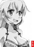  :d blush bra breasts charlotte_e_yeager gofu greyscale large_breasts lingerie monochrome open_mouth sketch smile solo spot_color strike_witches traditional_media underwear world_witches_series 