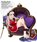  animal banned_artist barefoot blue_eyes book bow cat chair checkered cushion dress engrish feet feet_on_chair hairband legs long_hair original panties pantyshot pillow ranguage reading ribbon solo staff text_focus throne underwear white_hair white_panties xil 