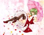  ascot bad_id bad_pixiv_id brown_legwear flower frills geike green_hair high_heels highres jpeg_artifacts kazami_yuuka legs mary_janes petticoat plaid plaid_skirt plaid_vest red_eyes shoes short_hair skirt skirt_set solo thighhighs touhou umbrella vest 