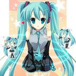  &gt;_&lt; :3 blue_eyes blue_hair blush_stickers chibi closed_eyes detached_sleeves food hatsune_miku heart ice_cream long_hair musical_note necktie one_eye_closed skirt spring_onion star thighhighs twintails v_arms very_long_hair vocaloid x3 yatano 