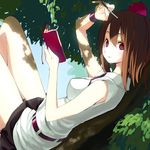  adapted_costume akanagi_youto bare_shoulders brown_hair hat in_tree long_arms looking_at_viewer looking_back lying notebook pencil reclining red_eyes shameimaru_aya short_hair skirt smile solo tokin_hat touhou tree 