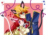  1girl animal_ears aqua_eyes bad_anatomy blazblue blonde_hair blue_eyes blush cat cat_ears cat_tail eien_no_kurayami fang jin_kisaragi md5_mismatch military military_uniform red_hair tail tsubaki_yayoi uniform 