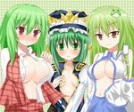  3girls blush breasts color_connection detached_sleeves efe face frog green_eyes green_hair hair_color_connection hair_ornament hat kazami_yuuka kochiya_sanae large_breasts multiple_girls naughty_face no_bra open_clothes open_shirt plaid plaid_skirt plaid_vest red_eyes shiki_eiki shirt skirt skirt_set snake sweatdrop touhou vest yellow_eyes 