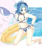  1girl bad_id bad_pixiv_id barefoot bikini blue_eyes blue_hair breasts cleavage hand_on_hip innertube kneeling kumoi_ichirin medium_breasts naka_akira o-ring o-ring_top open_mouth ponytail short_hair smile sunglasses swimsuit touhou unzan water 