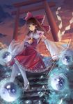  bad_id bad_pixiv_id bow brown_hair detached_sleeves from_below glowing gohei hair_bow hakurei_reimu highres lips pantyhose red_eyes sarashi short_hair shuiyituzi smile solo stairs sunset torii touhou twilight white_legwear yin_yang 