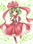  bad_id bad_pixiv_id boots bow dress frills front_ponytail green_eyes green_hair hair_bow kagiyama_hina kureha_goya long_hair open_mouth ribbon smile solo touhou 