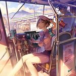 1girl armband breasts brown_hair closed_eyes gloves ground_vehicle hat impossible_clothes impossible_shirt locomotive medium_breasts original poster_(object) shako_cap shirt short_hair sitting sweat train train_interior uniform vania600 watch wristwatch 