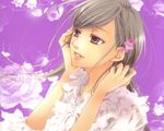  bangs brown_hair eyebrows_visible_through_hair frills hair_ornament hairpin hibiki_reine light_smile long_hair looking_up maria-sama_ga_miteru ogasawara_sachiko purple_background silver_hair simple_background solo swept_bangs upper_body 