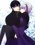  1girl black_eyes black_hair carrying coat couple darker_than_black dress gloves hair_ribbon hei heki_(mochigumi) hetero ponytail purple_dress purple_eyes ribbon silver_hair thighhighs yin 