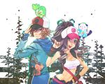  1girl bag baseball_cap breasts cleavage crop_top curly_hair gen_5_pokemon hat hood hoodie medium_breasts messenger_bag midriff oshawott pokemon pokemon_(creature) pokemon_(game) pokemon_bw ponytail riato shoulder_bag smile snivy tepig touko_(pokemon) touya_(pokemon) unzipped vest 