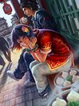  1girl architecture bamboo_steamer bangle baozi black_hair bracelet brown_eyes brown_hair chenkai010 chin_rest china_dress chinese_clothes dress dumpling dutch_angle earbuds earphones east_asian_architecture eating flower food hair_flower hair_ornament highres holding holding_food jacket jewelry lantern leaning_forward light_smile looking_at_viewer multicolored_hair original pants paper_lantern realistic sett shoes short_hair short_sleeves sitting slippers sneakers steam 