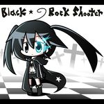 ahoge aoblue bangs black_rock_shooter black_rock_shooter_(character) blue_eyes boots burning_eye checkered checkered_floor chibi cross front-tie_top gloves hood hooded_jacket jacket long_coat long_hair perspective scar shorts solo star twintails uneven_twintails 