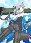  animal_ears aokihoshi ass black_legwear blush cameltoe cat_ears character_doll cloud crotch_seam doll eila_ilmatar_juutilainen green_eyes highres hirschgeweih_antennas military military_uniform pantyhose ribbon rocket_launcher sanya_v_litvyak short_hair silver_hair solo strike_witches striker_unit tail uniform weapon world_witches_series 