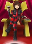  amami_haruka brown_hair crossed_legs cup drinking_glass elbow_gloves fingerless_gloves gloves green_eyes highres idolmaster idolmaster_(classic) lielos necktie pinky_out punkish_gothic short_hair sitting solo striped striped_legwear thighhighs throne wine_glass 