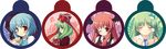  bat_wings blue_hair blush circle closed_eyes frills frog front_ponytail green_eyes green_hair hair_ornament hair_ribbon head_wings heterochromia highres incoming_kiss kagiyama_hina koakuma kochiya_sanae long_hair multiple_girls one_eye_closed red_eyes red_hair ribbon short_hair smile snake tatara_kogasa touhou umbrella wings yamasan 